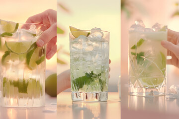 Two hands toasting with glasses of refreshing summer drinks by the pool, summer holiday concept