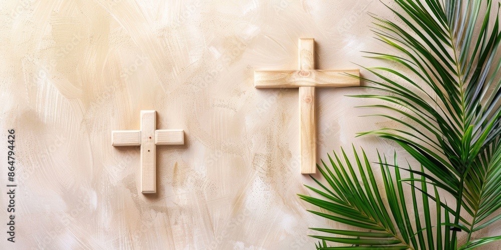 Poster two wooden crosses are hanging on a wall next to a palm tree. the crosses are positioned at differen