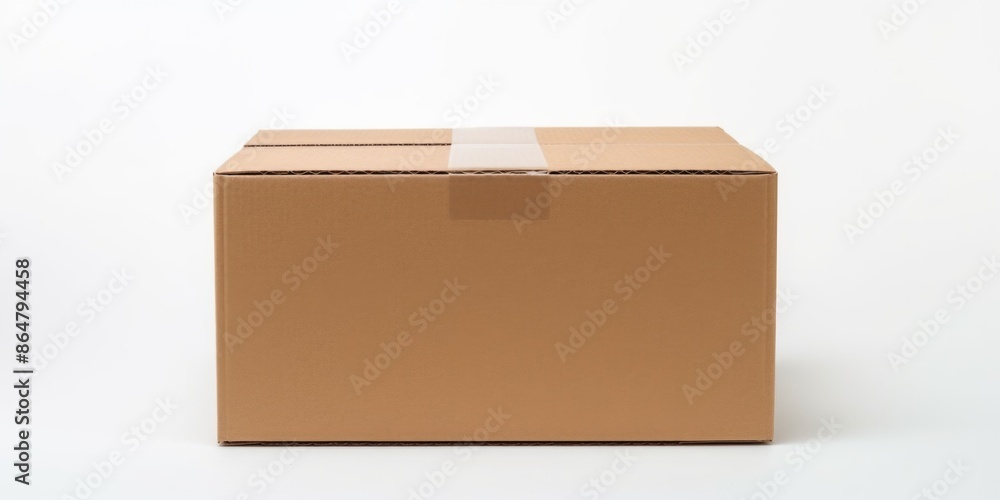 Poster a cardboard box with a white label on it. the box is empty and has a white background