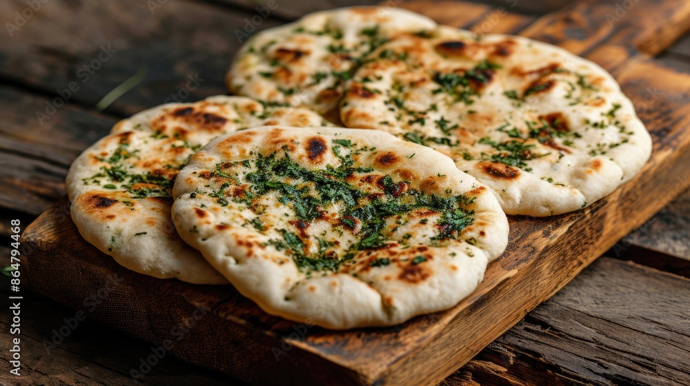 Poster a plate of four flatbreads with parsley on top. the breads are browned and have a crispy texture