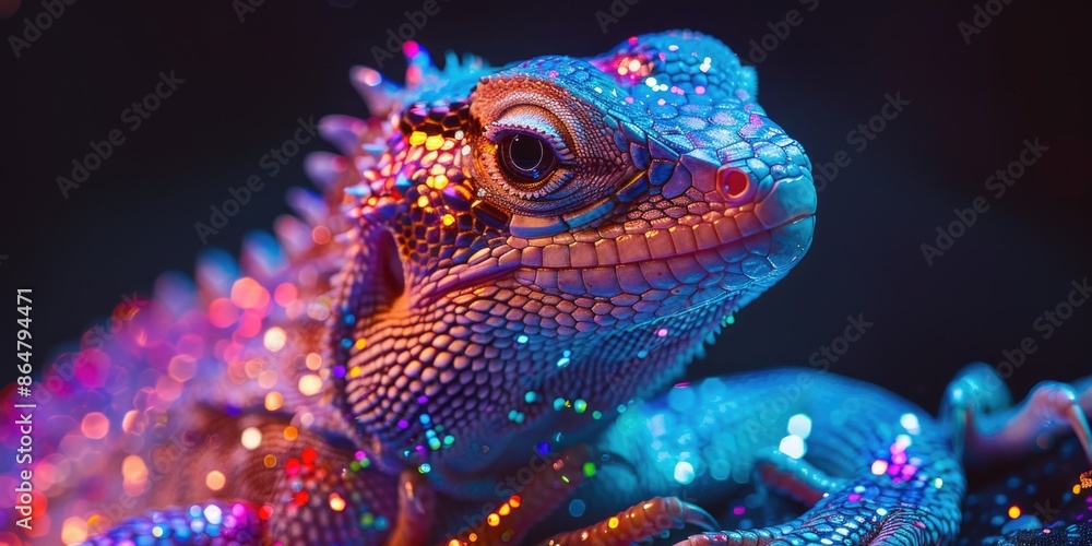 Poster a colorful lizard with glitter on its face and body. the lizard is sitting on a surface and he is lo