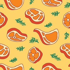 Beef Meat Rosemary Seamless Pattern Vector illustration for Print, Wallpaper, Decoration.
