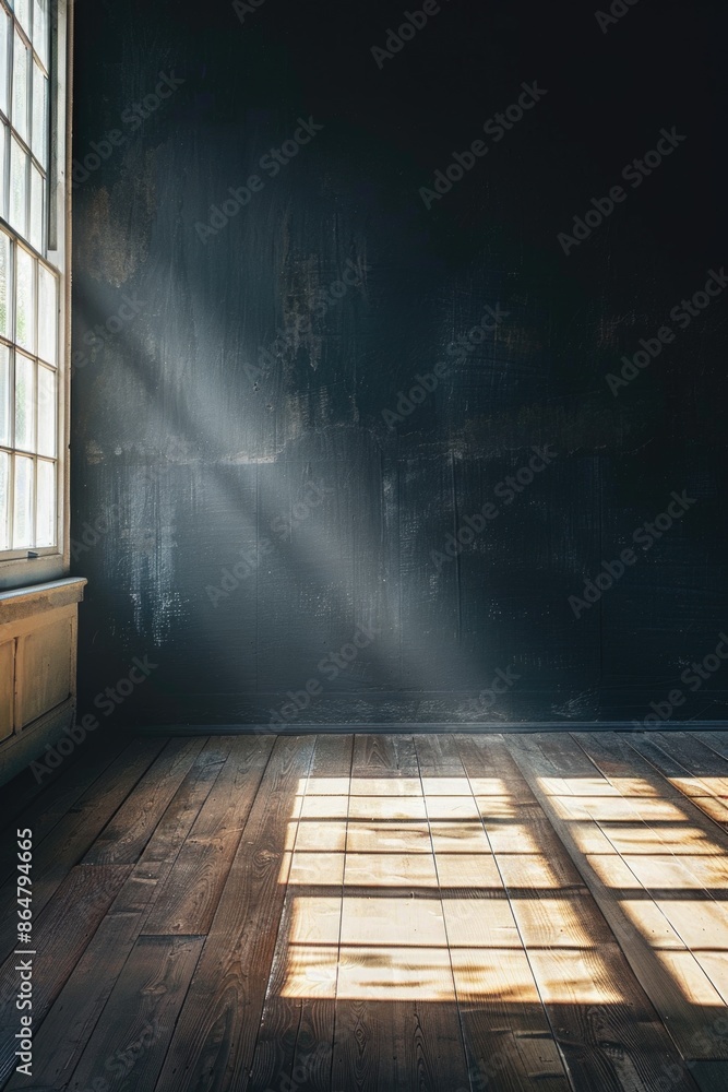 Poster a room with a window and a wall. the room is empty and the sunlight is shining through the window