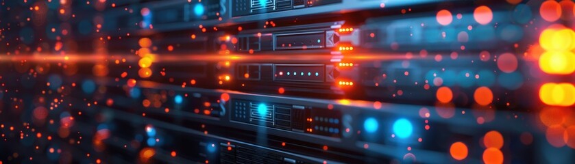 A vibrant image of a modern data center with illuminated servers and blurred lights, showcasing advanced technology and digital infrastructure.