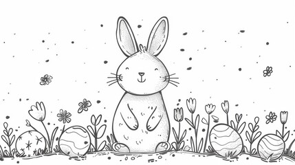 Hand-drawn illustration of a cute bunny surrounded by flowers and decorative eggs, perfect for spring and Easter themes.