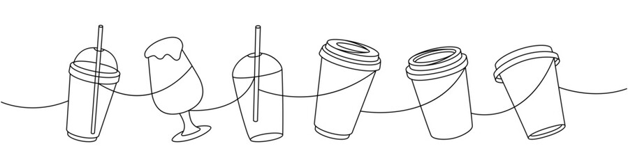 Takeaway coffee cups one line continuous drawing. Hand drawn elements for coffee shop. Vector linear illustration.