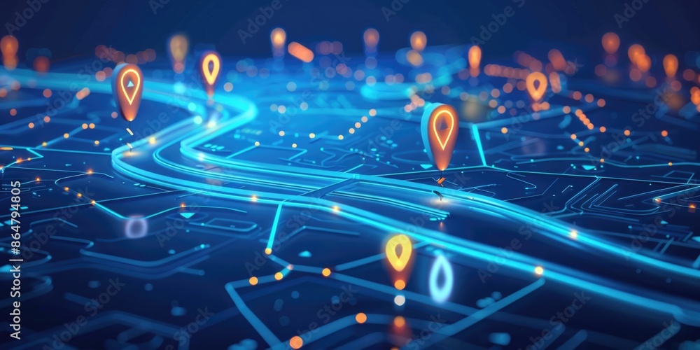 Poster a blue and orange map with many points on it. the map is a representation of a city and the points a