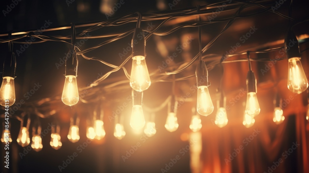 Aufkleber a string of lights with a warm glow. the lights are hanging from the ceiling and are lit up