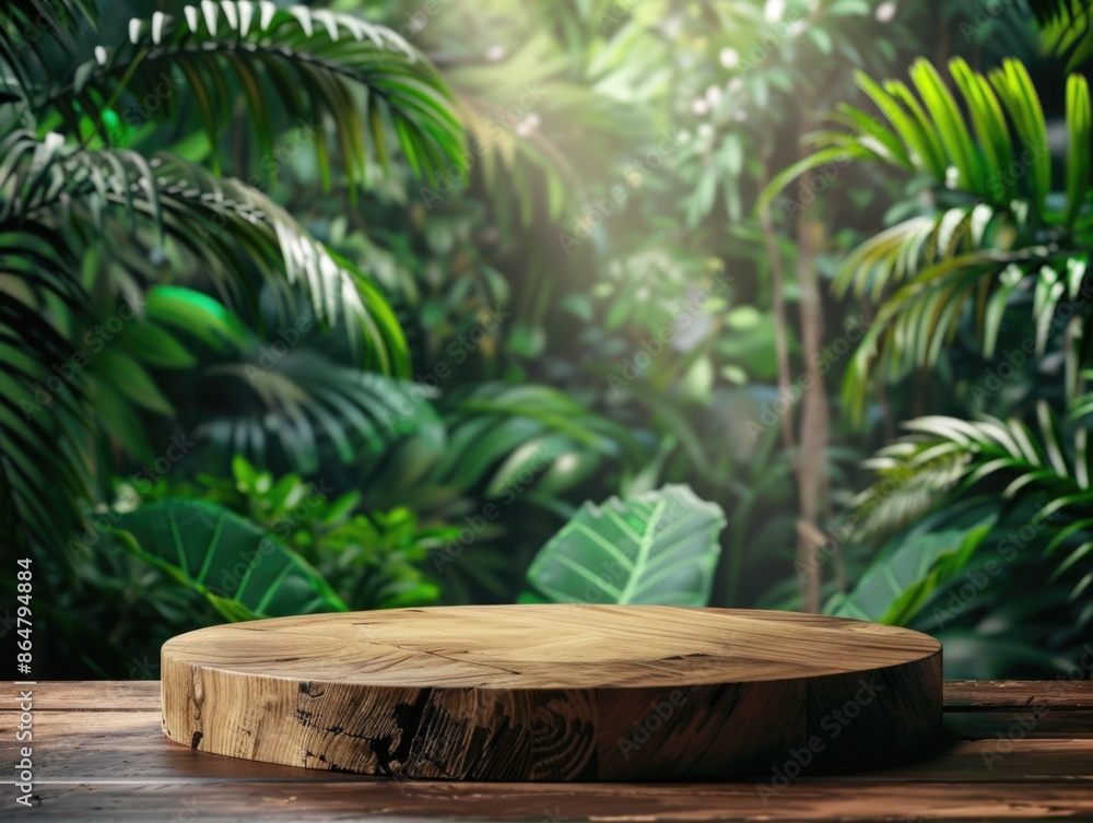 Poster a wooden table with a round wooden platform on top of it. the platform is empty and surrounded by lu
