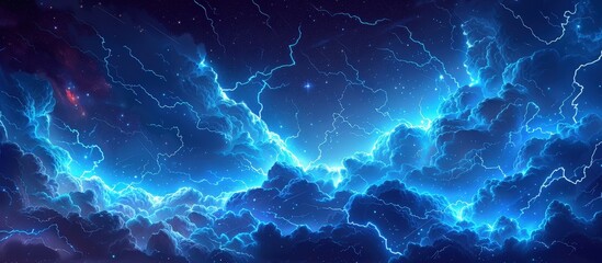 Obraz premium Captivating image of a vibrant electric blue lightning storm illuminating dramatic clouds against a starry night sky.