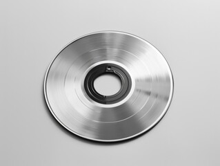 A silver CD is sitting on a white surface. The CD is shiny and reflective, and it is a blank CD