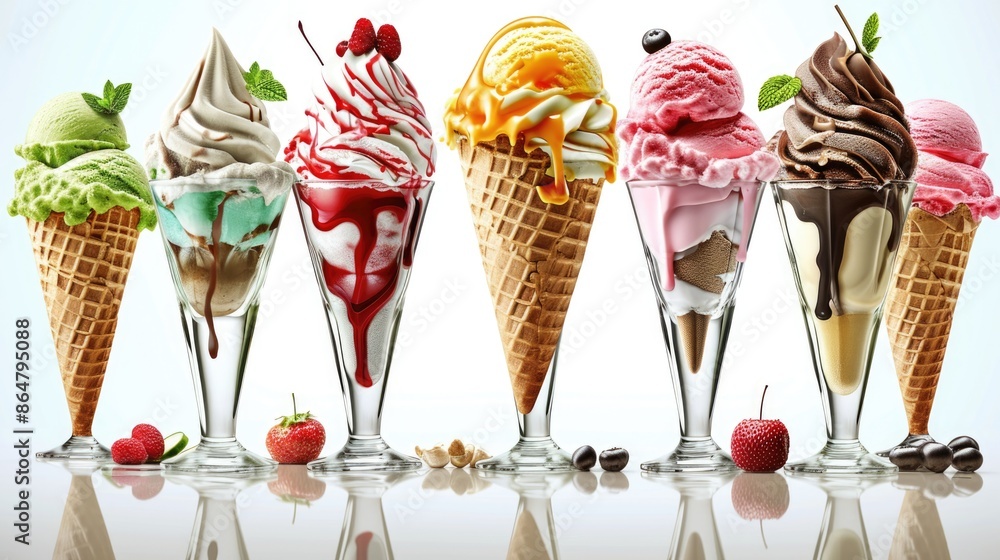 Poster a row of ice cream cones with different flavors and toppings. concept of variety and abundance, as t