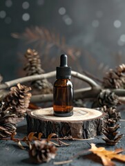 A bottle of essential oil is sitting on a wooden log. The bottle is brown and has a black cap. The scene is set in a forest with pine needles and leaves scattered around