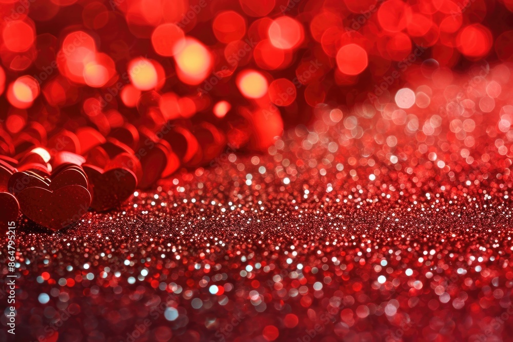 Poster a red background with a bunch of red hearts scattered around it. the hearts are of different sizes a