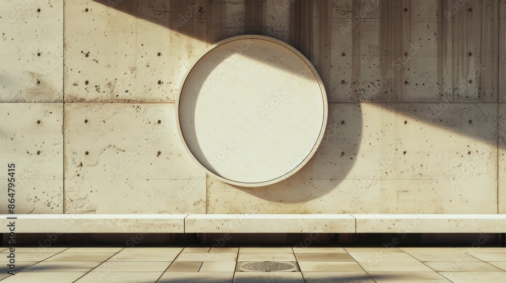 Poster a white circle is on a concrete wall. the circle is empty and has no writing on it. the scene is emp