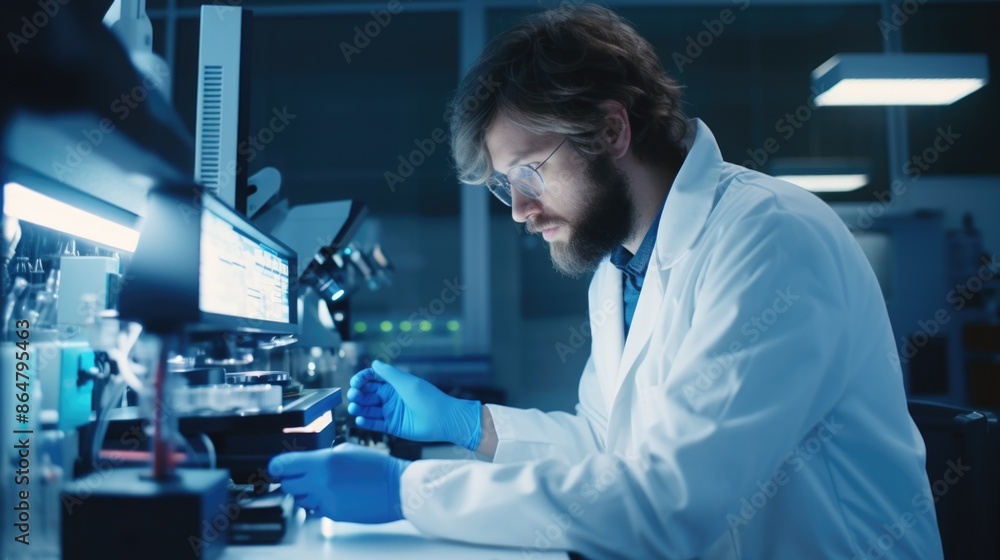 Aufkleber a man in a lab coat is working on a project. he is wearing gloves and has a serious expression on hi