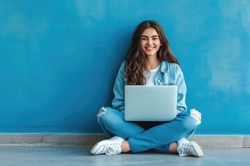 A woman is sitting on the floor with a laptop in front of her. She is smiling and she is enjoying herself. Concept of relaxation and leisure