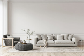 Apartment room with a minimalist interiors composition with minimal furniture or arrangements and copy space for text. Premium residential Real Estate concept image.