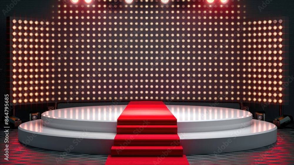 Poster a stage with a red carpet and lights. the stage is empty and ready for a performance. the red carpet