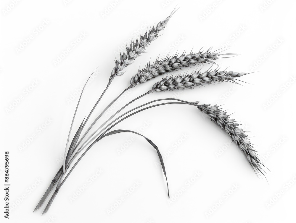 Poster a close up of a stalk of wheat with a few grains of wheat on it. the wheat is in a field and is very