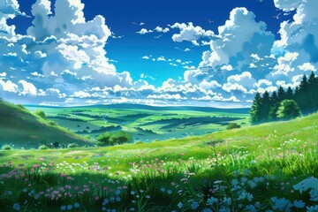 Obraz premium Stunning panoramic view of a lush green meadow with wildflowers and blue skies with fluffy white clouds. The perfect nature background for desktop and mobile devices.