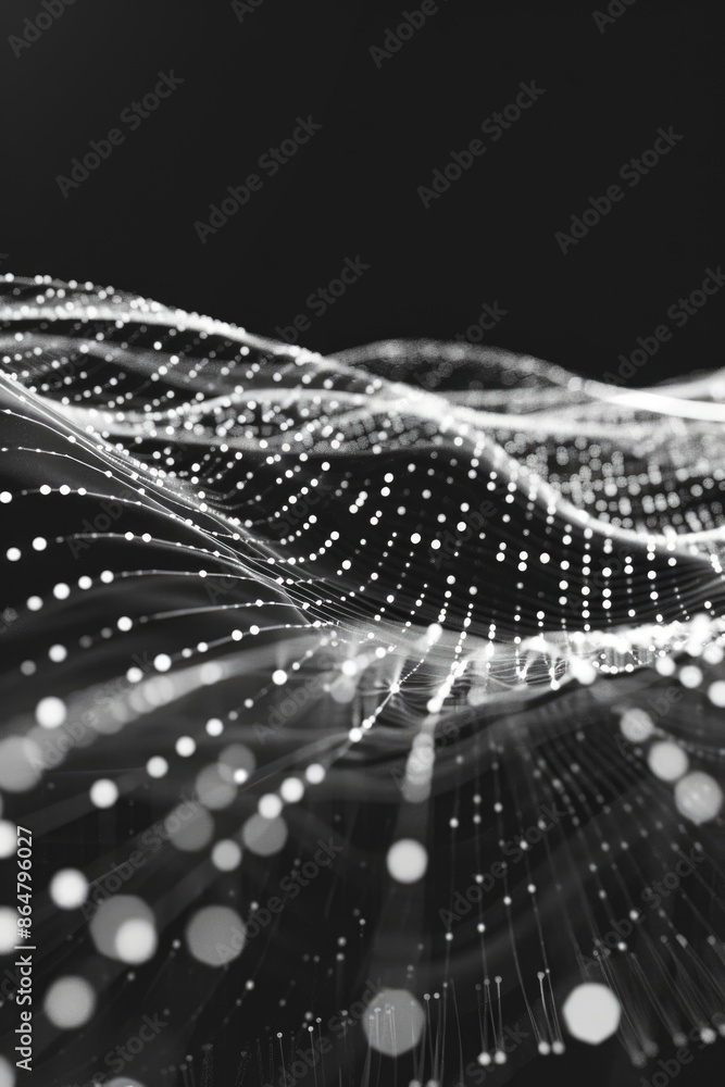 Poster a black and white image of a wave with many dots. the image has a futuristic and abstract feel to it