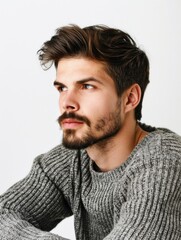 Obraz premium A man with a beard and mustache is wearing a gray sweater and looking at the camera. Concept of confidence and self-assurance, as the man is comfortable in his own skin