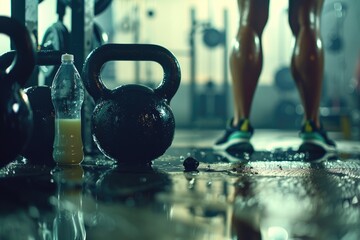 Fototapeta premium A person is standing in a gym with a kettlebell and a bottle of milk