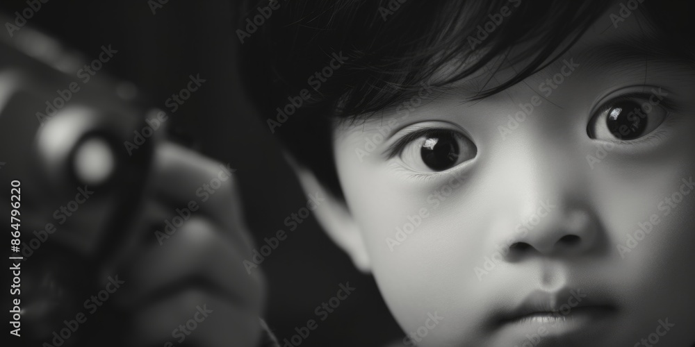 Poster a young boy is holding a camera and looking at the camera. the image has a moody and mysterious feel