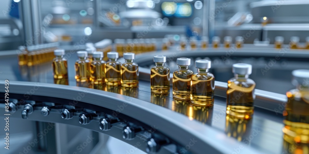 Poster a conveyor belt with many bottles of medicine on it. the bottles are all the same color and are line