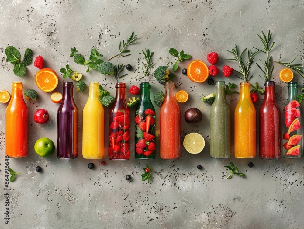 Poster a row of fruit juice bottles are arranged on a table with various fruits and vegetables. the bottles