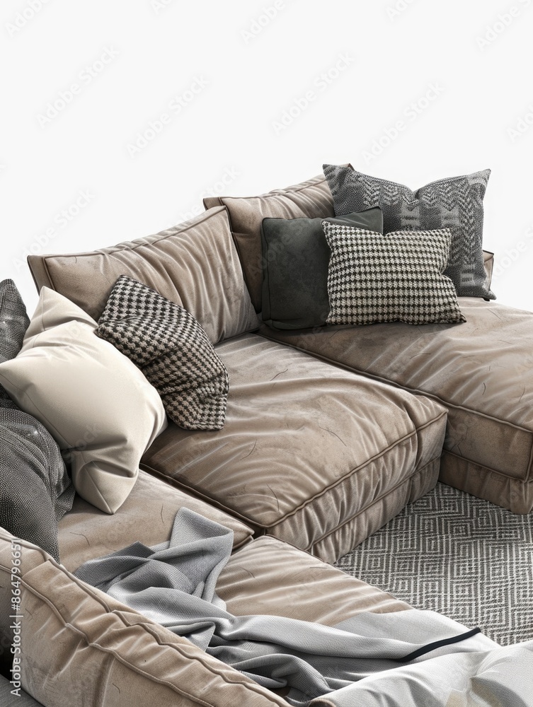 Poster a couch with pillows on it and a blanket on the floor. the couch is brown and has a checkered patter