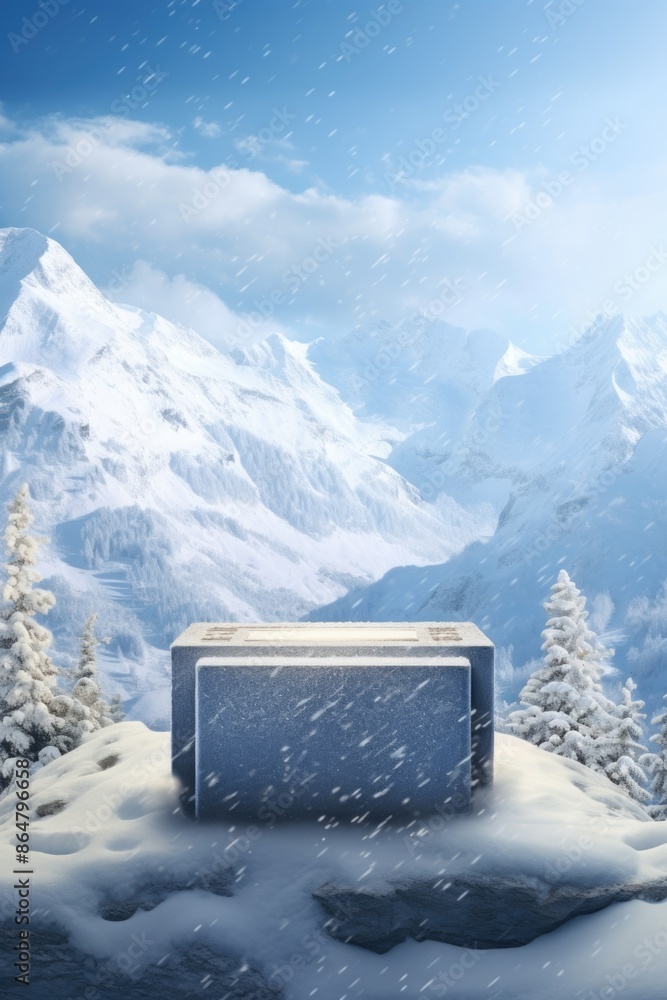 Poster a large, snow-covered mountain range is in the background. a small, white box is sitting on top of a