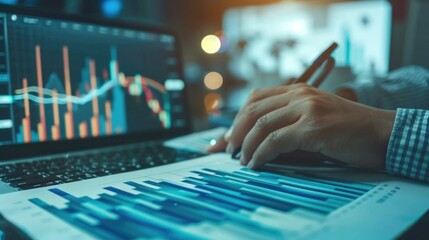 Data analysis to increase sales and revenue. Man sitting with laptop and working with growing graph. Business data analytics concept