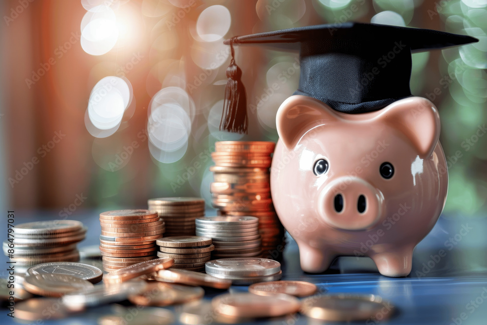 Wall mural Piggy Bank Wearing Graduation Cap with Coins on Table Savings for Education Investment Scholarship Concept Generative AI - Wall murals