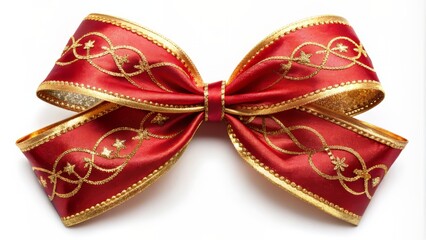 Delicate red satin ribbon curled into a perfect bow, adorned with festive gold accents, against a crisp white background, symbolizing luxury and elegance.