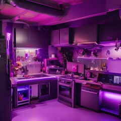 kitchen set with Futuristic Dreamscape theme with Cyberpunk City and Purple light ambience