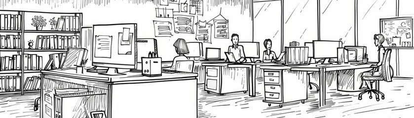 Fototapeta premium Sketch-style illustration of a modern office with people working at desks, computers, and bookshelves in the background.