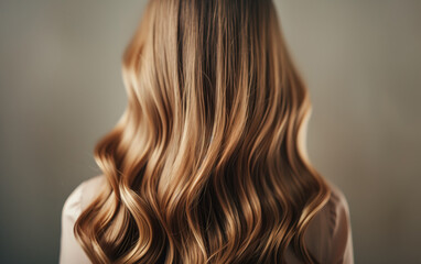 Fototapeta premium Beautiful woman with wavy, long blonde hair from the back, highlighting smooth, healthy texture in stylish curls.