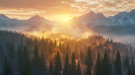 Obraz premium Panorama of the mountains at sunset over a dark mountain. Colorful sunrise with clouds over the hill. The sun hides behind a cloud in the daytime sky.