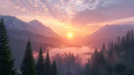Fototapeta premium Misty mountains with gentle slopes at sunrise. Landscape with forested hills and silhouettes of fir trees