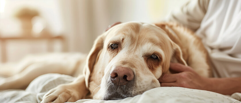 Close-up of a resting Labrador Retriever dog on a bed with a person in the background, showcasing companionship and relaxation.