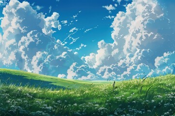 Fototapeta premium Vibrant green meadow with fluffy white clouds in a blue sky. Beautiful nature scene with lush green grass and flowers, ideal for background or wallpaper