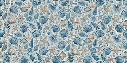 A pattern scattered with sea motifs such as seashells, starfish, and coral.