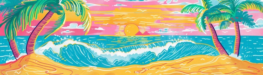 Fototapeta na wymiar Vibrant tropical beach sunset illustration with palm trees, waves, and colorful sky, capturing the serene and lively essence of a tropical paradise.