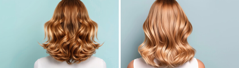 Fototapeta premium Comparison of two hairstyles, showcasing different shades and textures of wavy blonde hair. Perfect for beauty and fashion concepts.