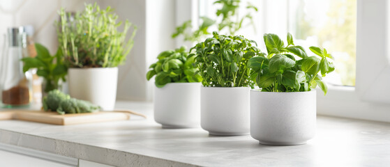 Fresh green herbs in white ceramic pots on a kitchen windowsill, showcasing indoor gardening and a modern home decor idea.