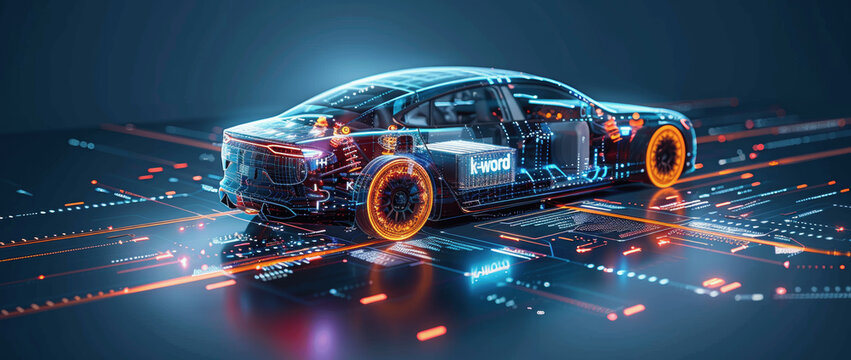 futuristic electric sports car chassis with high performance battery and motor 3D rendering with data network system in dark blue gradient background