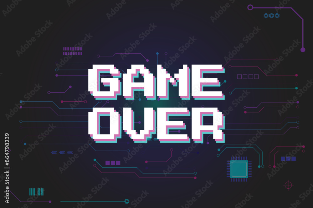 Fototapete GAME OVER .pixel art .8 bit game. retro game. for game assets in vector illustrations. Retro Futurism Sci-Fi Background. glowing neon grid. and stars.