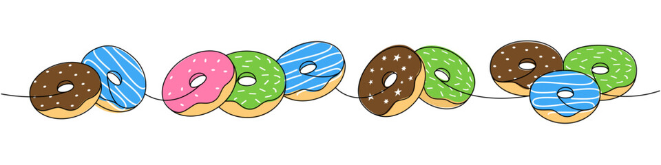 Glazed donut set. Take away donuts one line colored continuous drawing. Bakery sweet pastry food. Vector linear illustration.